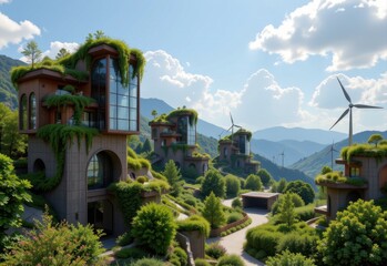 a futuristic eco city with buildings covered in greenery and powered by solar and wind energy.