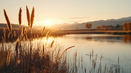 Beautiful warm sunset overlooking a lake with plants and mountains visible