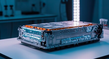 Advanced electric car battery pack module showcased in a modern lab environment