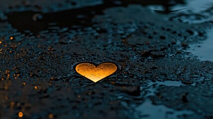 A golden heart floats in reflective dark water surfaces