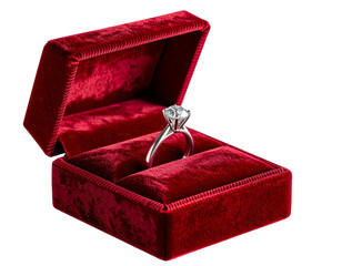Red Velvet Ring Box with Diamond Engagement Ring, Isolated on Transparent PNG