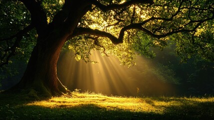 Obraz premium Golden Sunlight Illuminates a Majestic Tree in a Lush Green Forest