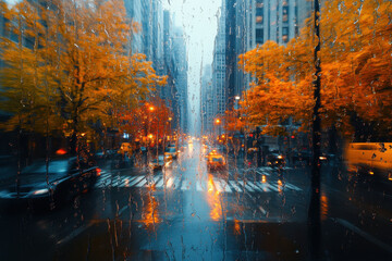 Cars driving on a rainy city street with buildings in the background.