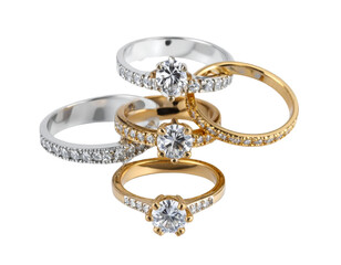 Set of Wedding and Engagement Diamond Rings in Gold and White Gold, Isolated PNG