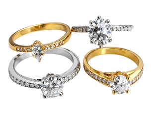 Set of Wedding and Engagement Diamond Rings in Gold and White Gold, Isolated PNG 