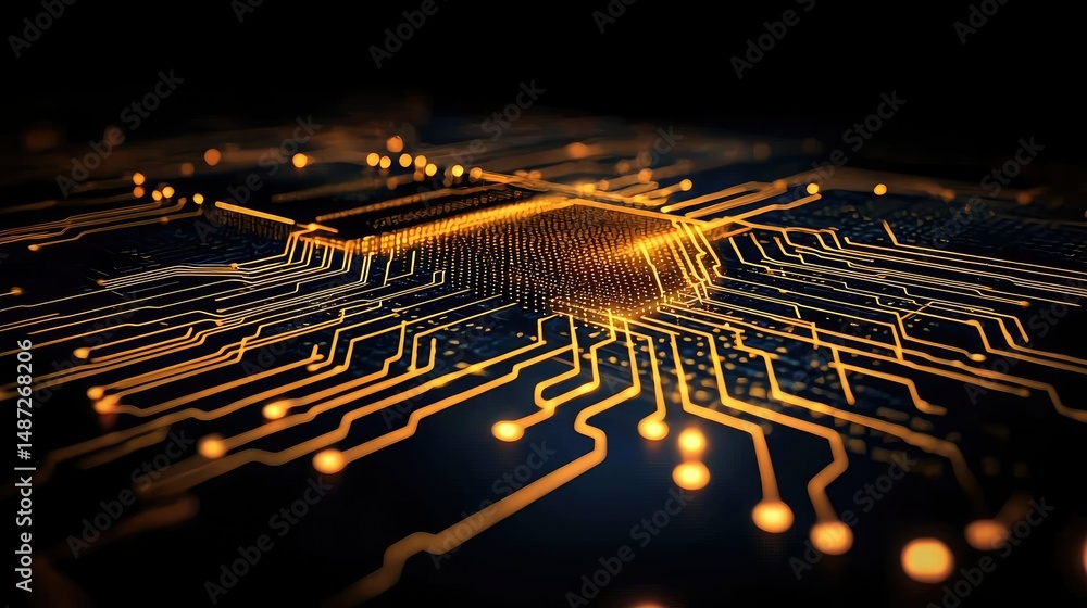 Poster illuminated circuit board shows electronic pathways and connecting components