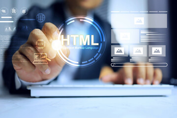 HTML hypertext markup language with programmer coding website design draft and sketch template...
