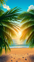Sunlit tropical beach with gentle ocean waves, shaded by overhanging coconut tree leaves creating a peaceful and warm seaside atmosphere.