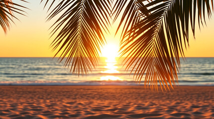 Sunlit tropical beach with gentle ocean waves, shaded by overhanging coconut tree leaves creating a peaceful and warm seaside atmosphere.