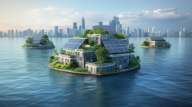 Futuristic Floating Eco-City Island with Solar Panels and Green Rooftops Against Modern Skyline