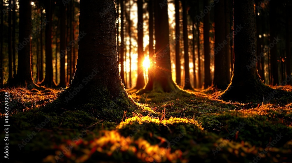 Poster sun shining through trees in a beautiful forest setting