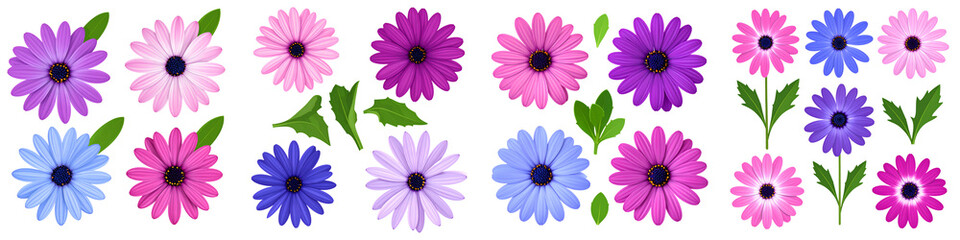 Obraz premium Vibrant Osteospermum Collection: A delightful array of Osteospermum flowers in various vibrant colors, showcasing their delicate petals and lush green leaves, perfect for design projects.