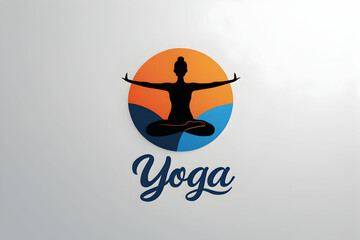 Harmonious Yoga Studio Logo: Stylized Figure in Balanced Pose within a Split Orange and Blue Circle with Elegant Calligraphic 'Yoga' Text for Wellness and Mindfulness Branding.

