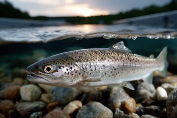Obraz premium A close-up of a trout swimming gracefully in a serene underwater environment, highlighting the beauty and quietness of aquatic life and the importance of water ecosystems.