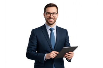Businessman in suit and tie holding tablet isolated on transparent background.