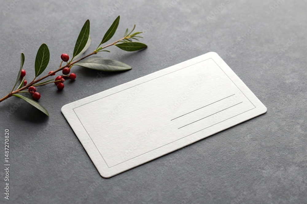 Poster blank card with lines and a branch with red berries on a gray background