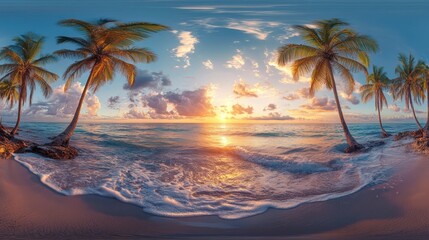 Tropical beach sunrise 360 panorama, ocean waves, palm trees