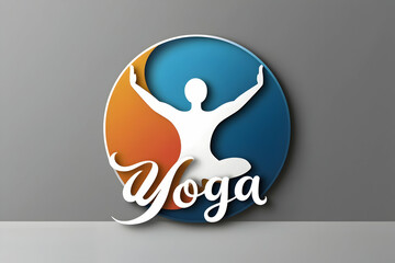 Harmonious Yoga Studio Logo: Stylized Figure in Balanced Pose within a Split Orange and Blue Circle with Elegant Calligraphic 'Yoga' Text for Wellness and Mindfulness Branding.

