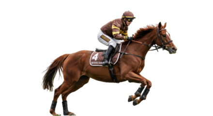 Jockey Riding a Racehorse in Full Gallop on a Transparent PNG Background, jockey, racehorse, horse racing, galloping, running, animal, sport, competition, athlete