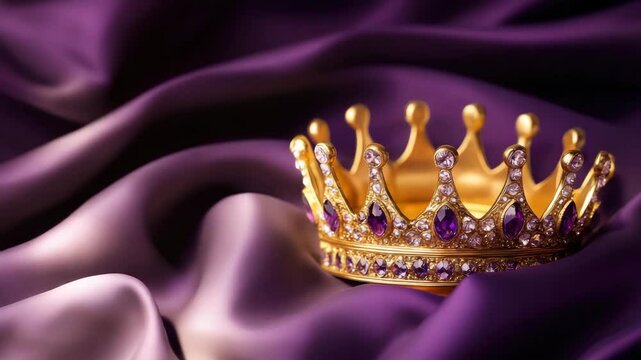 A golden crown inlaid with many large diamonds lies on a purple fabric background