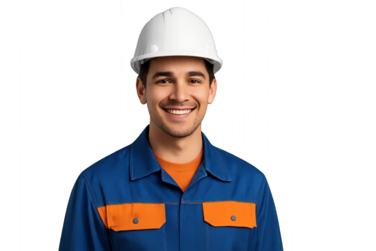 Man with hard hat and blue work shirt isolated on transparent background.