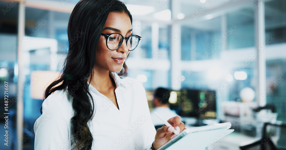 Poster Woman, developer and typing on tablet in office for IT, coding software and server update. Female person, digital and testing app of online programming, website application and troubleshooting system