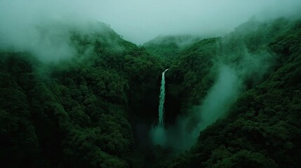 A dramatic waterfall cascades down lush green mountainous forested terrain