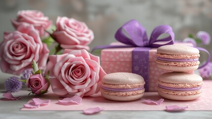 Pink Roses Macarons and Gift Box with Purple Ribbon on a Pink Background Mothers Day Theme HD 8K eid ul azha wallpaper Photographic Image