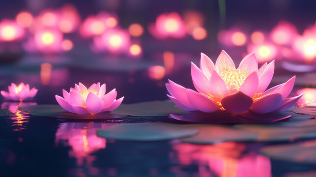 Vibrant Pink Lotus Flowers Floating on Water at Night with Glowing Lights and Reflection