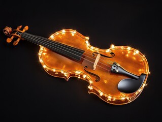 Fototapeta premium Illuminated violin with string lights on dark backdrop.