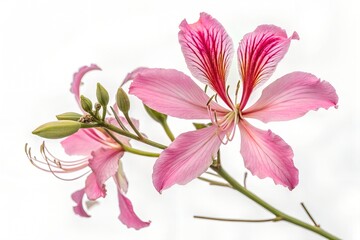 Fototapeta premium A closeup of a beautiful pink lily blossom, its delicate petals isolated against a white background, captures the floral beauty of spring nature