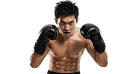 Intense Muscular Asian Man in Boxing Gloves Ready to Fight, Isolated on a Transparent PNG Background