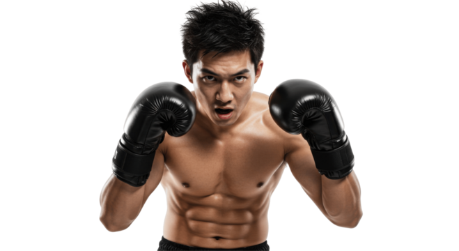  Intense Muscular Asian Man in Boxing Gloves Ready to Fight, Isolated on a Transparent PNG Background