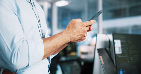 Business, hands and man in office, cellphone and message to contact, programming and internet....