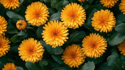 Fototapeta premium Orange flowers, green leaves, garden, overhead view, nature background, floral design