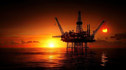 Obraz premium An Offshore Oil Rig Silhouetted Against A Fiery Sunset Sky