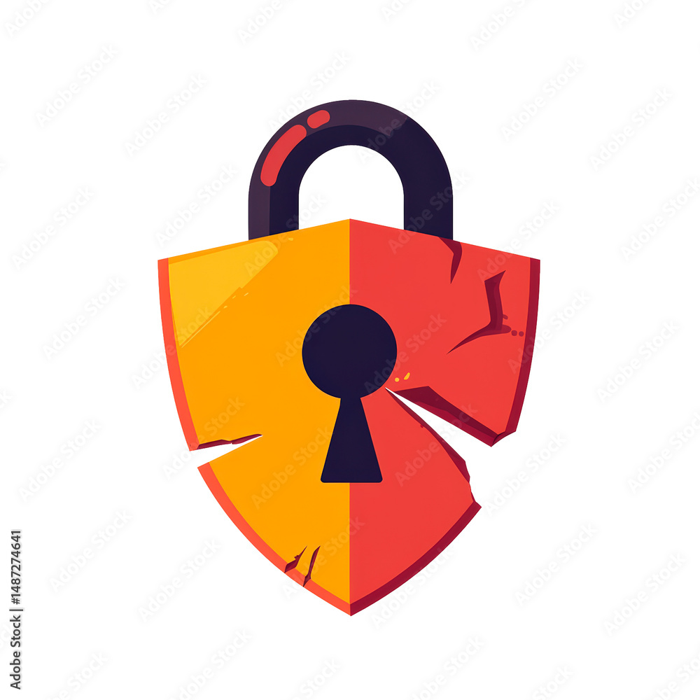 Aufkleber shield with a broken edge and a keyhole illustrates a concept of security breach isolated on transpa