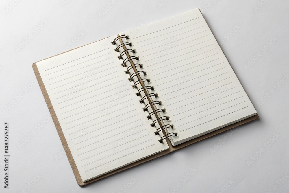 Poster open spiral notebook with lined pages on a white background