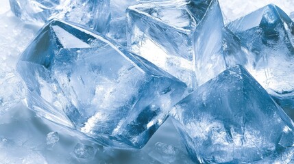 Close-up of translucent ice cubes, showcasing their crystalline structure and frosty texture