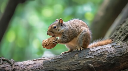 Obraz premium Close-up of a gray squirrel eating a nut on a tree branch.