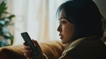 Asian woman making video call via mobile phone talking with friends