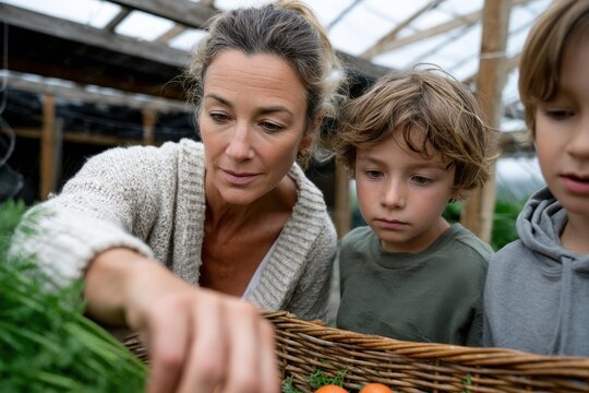 A mother engages her children in learning as they examine freshly picked vegetables in a garden, symbolizing education, familial bonding, and connection to nature.