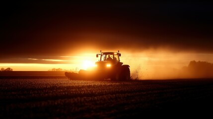 A farmer driving a tractor at sunrise