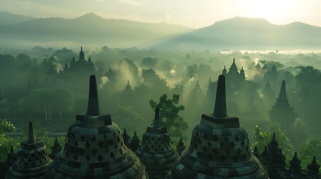 Borobudur temple in java indonesia shrouded in morning mist