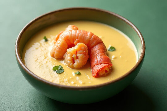 Tempting Creamy Lobster Bisque Photography: Rustic Corner, Sage Green Background, Rim Lighting, Clean Style, High Resolution
