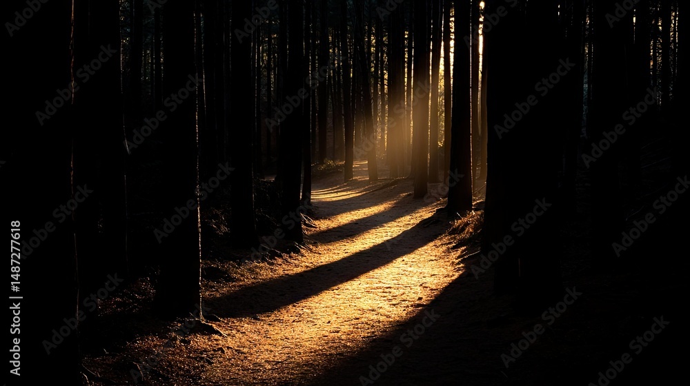 Poster forest path bathed in sunlight with long shadow patterns