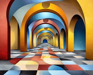 Abstract Colorful Archway Hallway with Geometric Tiled Floor