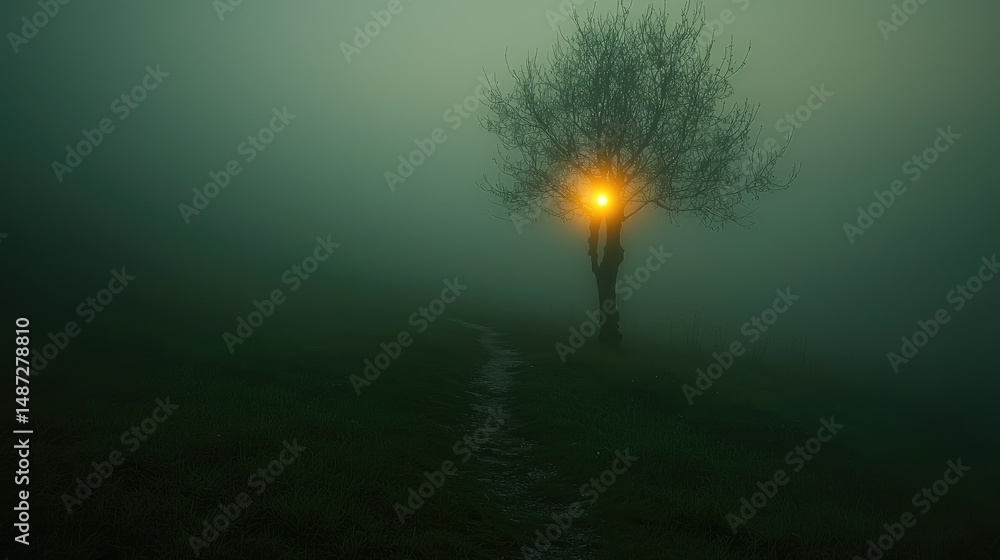 Poster a tree with a glowing light source within its form
