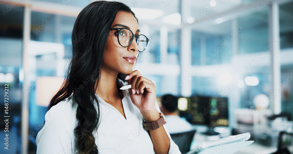 Poster Office, businesswoman and programmer at night for thinking, planning and solution for web development. Late, female person and developer with ideas for backend update, thoughts and software system
