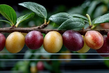 A close-up of plums in various shades on a tree branch, emphasizing nature's vibrancy and the pure aesthetic pleasure derived from fresh fruit and lush foliage.